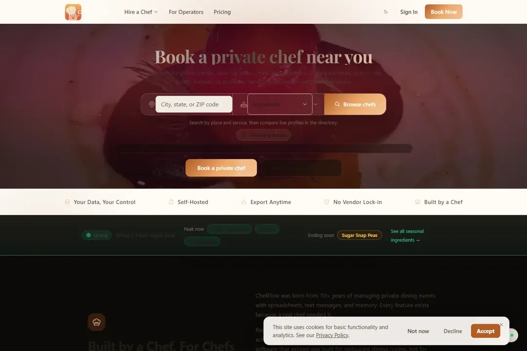 Selected ChefFlow booking interface